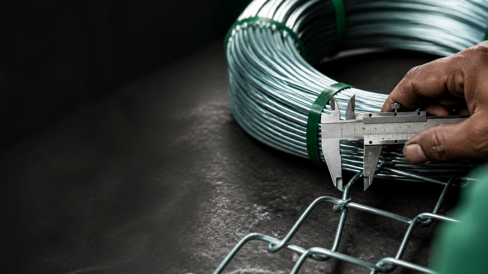 Galvanized wire being measured for specification verification